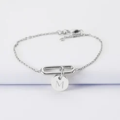 Bracelet chaîne ovale ouvert personnalisé médaille gravée argent 10 mm