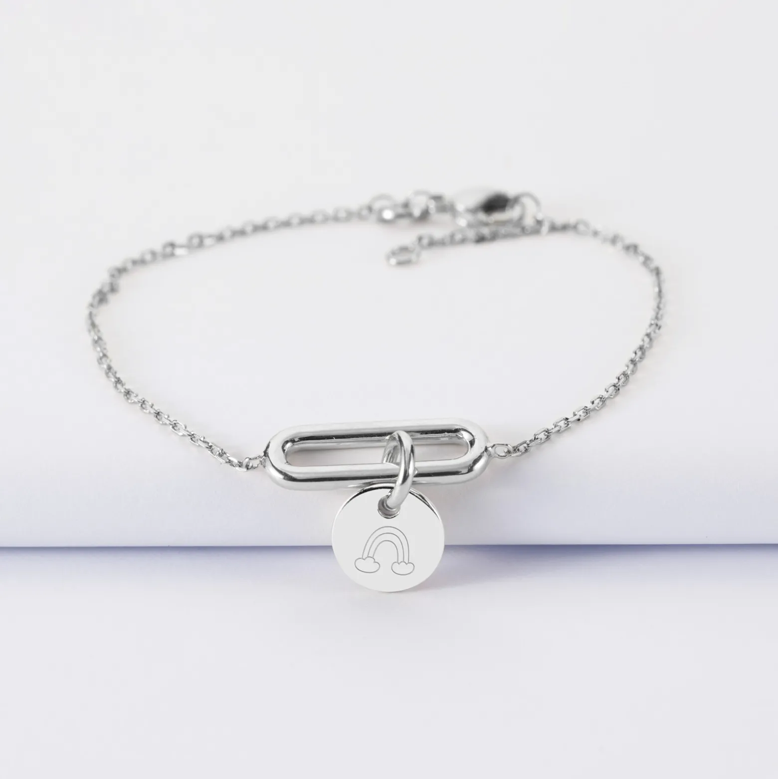 Bracelet chaîne ovale ouvert personnalisé médaille gravée argent 10 mm