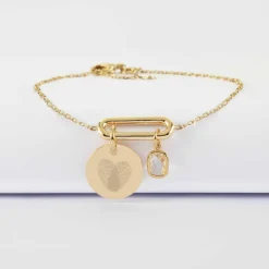 Bracelet chaîne ovale ouvert personnalisé médaille gravée plaqué or 15 mm et breloque rectangle zircon plaqué or 9 mm