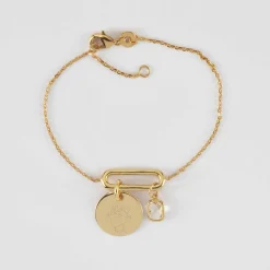 Bracelet chaîne ovale ouvert personnalisé médaille gravée plaqué or 15 mm et breloque rectangle zircon plaqué or 9 mm