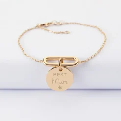 Bracelet chaîne ovale ouvert personnalisé médaille gravée plaqué or 15 mm