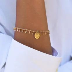 Bracelet chaîne pampilles personnalisé médaille gravée plaqué or 10 mm