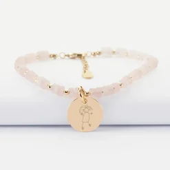 Bracelet chaîne perles personnalisé médaille gravée plaqué or ronde 15 mm