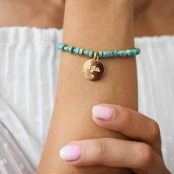 Bracelet chaîne perles personnalisé médaille gravée plaqué or ronde 15 mm