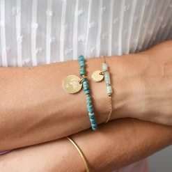 Bracelet chaîne perles personnalisé médaille gravée plaqué or ronde 15 mm