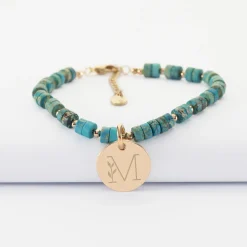 Bracelet chaîne perles personnalisé médaille gravée plaqué or ronde 15 mm