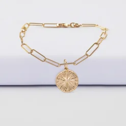Bracelet chaîne personnalisé petites mailles médaille gravée plaqué or rose des vents texturée 14 mm