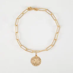 Bracelet chaîne personnalisé petites mailles médaille gravée plaqué or rose des vents texturée 14 mm