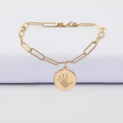 Bracelet chaîne personnalisé petites mailles médaille gravée plaqué or rose des vents texturée 14 mm