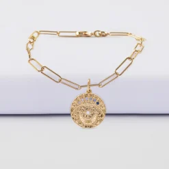 Bracelet chaîne personnalisé petites mailles médaille Lune zircons crépuscule gravée plaqué or 16 mm