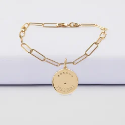 Bracelet chaîne personnalisé petites mailles médaille Lune zircons crépuscule gravée plaqué or 16 mm