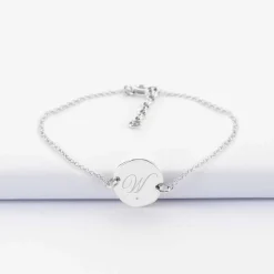 Bracelet chaîne personnalisé médaille scintillante gravée argent initiale 13 mm
