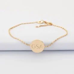 Bracelet chaîne personnalisé médaille gravée plaqué or initiale email noir soleil 12 mm