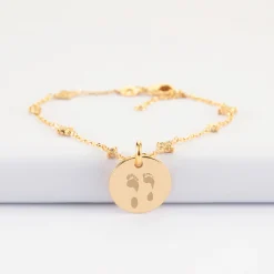 Bracelet chaîne scintillant personnalisé médaille gravée plaqué or 15 mm