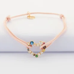 Bracelet cordon coeur scintillant coloré plaqué or 18x15 mm