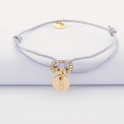 Bracelet cordon mousqueton scintillant personnalisé médaille gravée plaqué or 10 mm