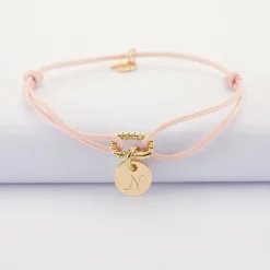 Bracelet cordon mousqueton tressé personnalisé médaille gravée plaqué or 10 mm