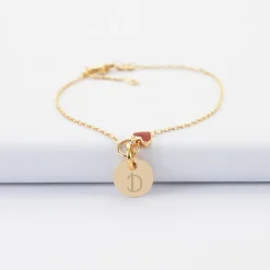 Bracelet enfant chaîne coeur émail rouge personnalisé médaille gravée plaqué or 10 mm