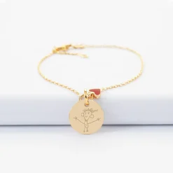 Bracelet enfant chaîne coeur émail rouge personnalisé médaille gravée plaqué or 15 mm
