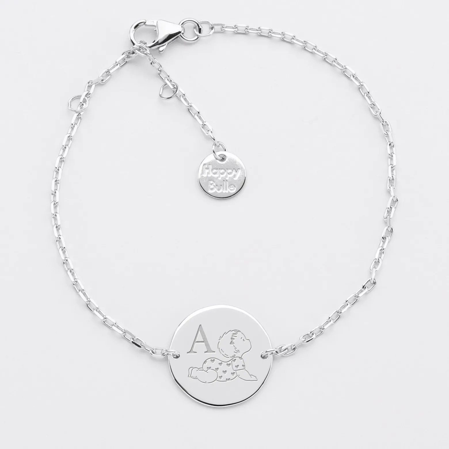 Bracelet enfant chaîne personnalisé initiale médaille gravée argent 2 trous 15 mm - HappyBulle x Marie Savart