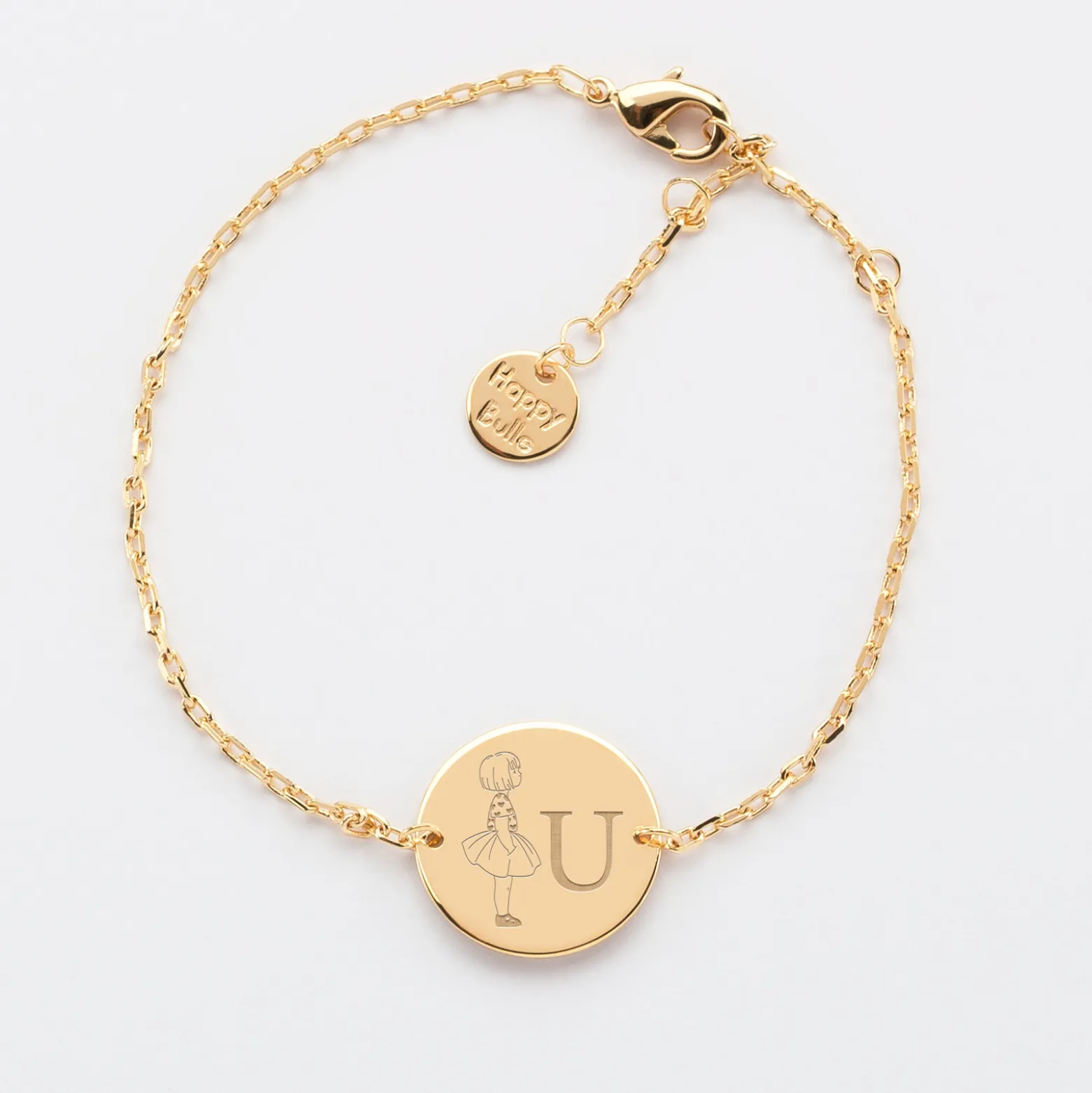 Bracelet enfant chaîne personnalisé initiale médaille gravée plaqué or 2 trous 15 mm - HappyBulle x Marie Savart