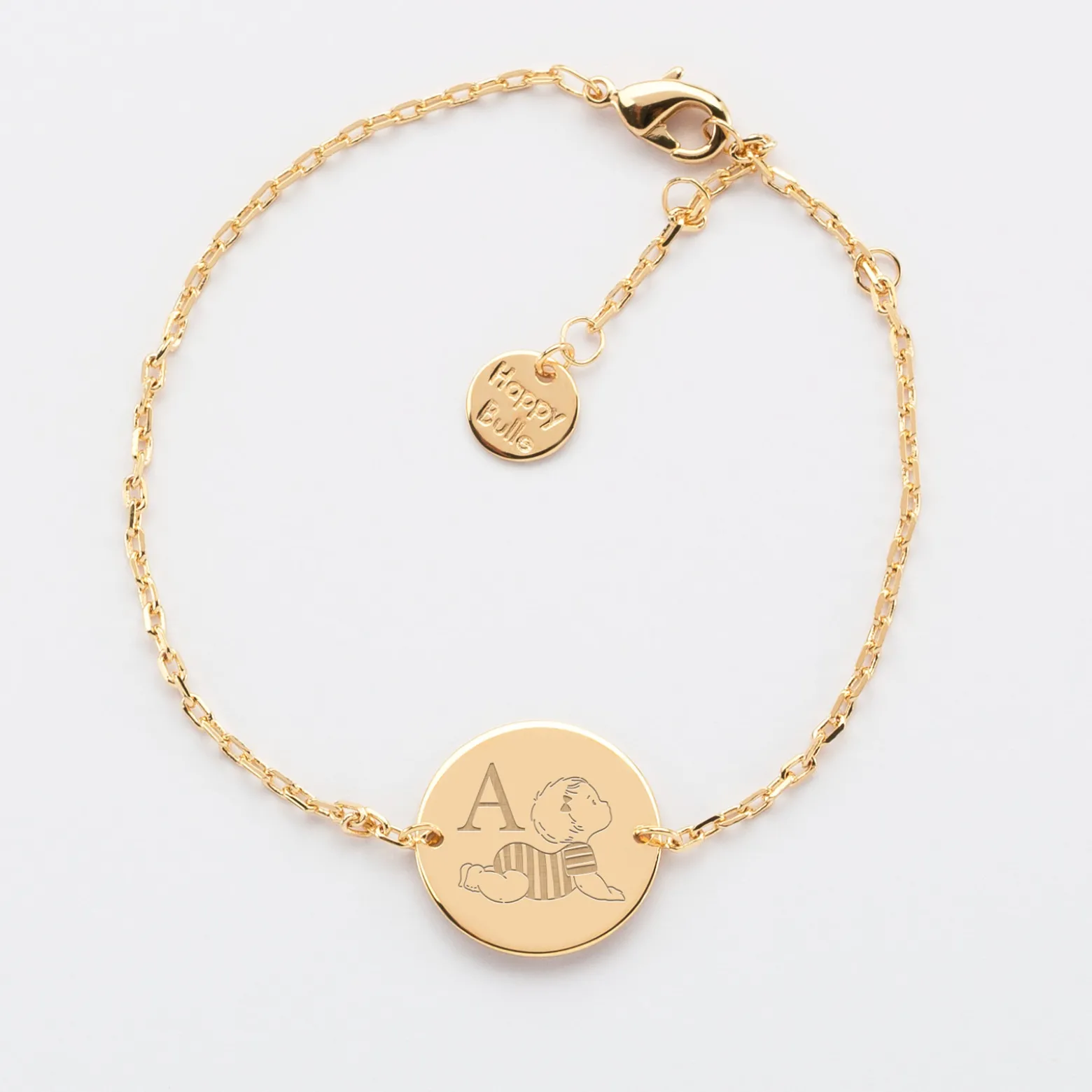 Bracelet enfant chaîne personnalisé initiale médaille gravée plaqué or 2 trous 15 mm - HappyBulle x Marie Savart