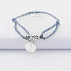 Bracelet enfant cordon pailleté personnalisé "Le lien" et médaille gravée argent 10 mm - HappyBulle x Lilylovesfashion