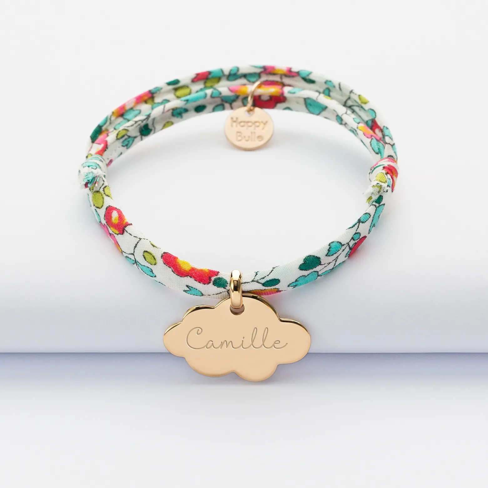 Bracelet enfant Liberty personnalisé prénom médaille gravée plaqué or nuage 20x14 mm