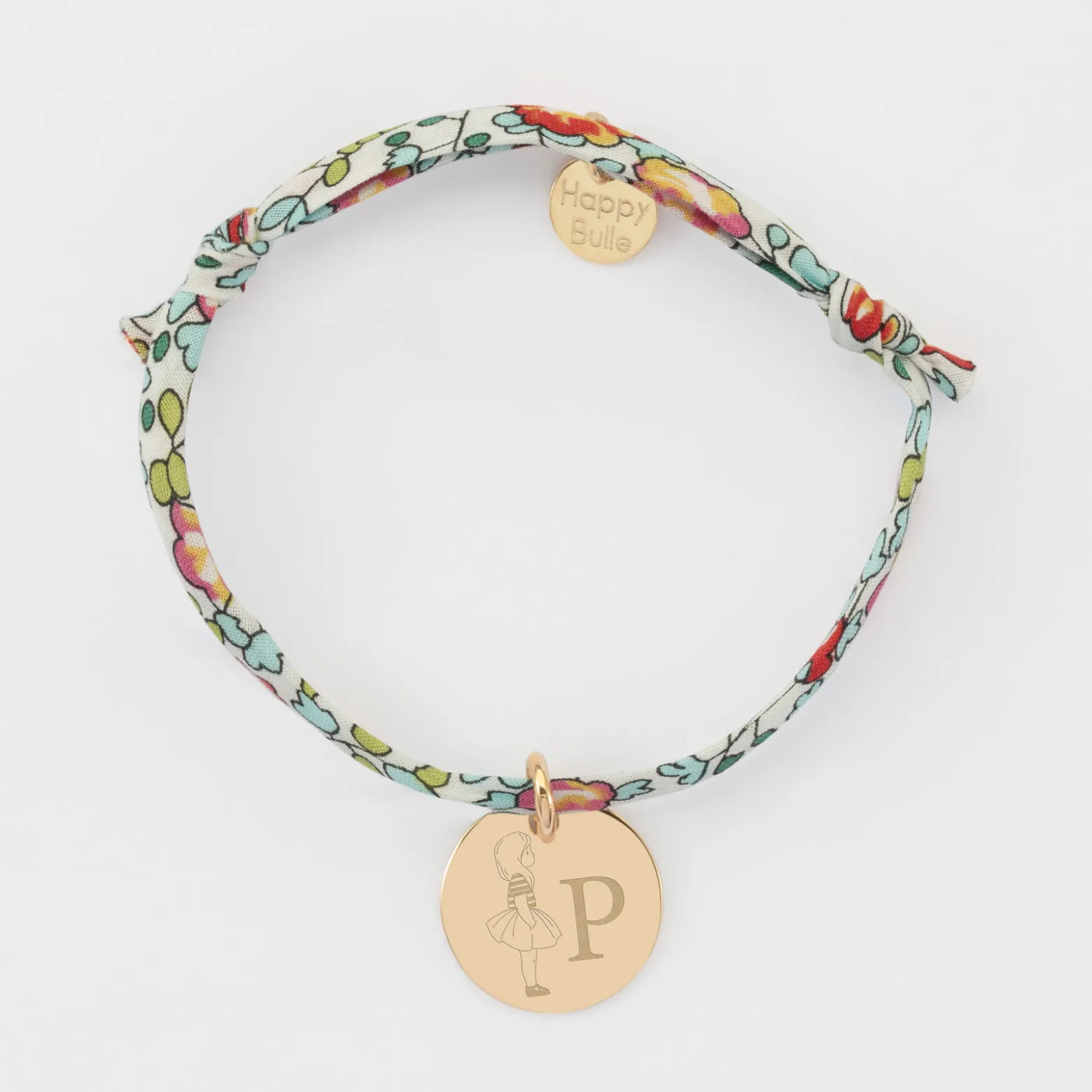 Bracelet enfant Liberty personnalisé initiale médaille gravée plaqué or 15 mm - HappyBulle x Marie Savart