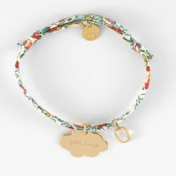Bracelet enfant Liberty personnalisé médaille gravée plaqué or nuage 20x14 mm et breloque rectangle zircon plaqué or 9 mm