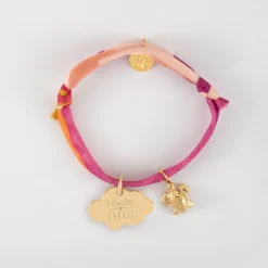 Bracelet enfant Liberty personnalisé prénom médaille gravée plaqué or nuage 20x14 mm et breloque tortue 10 mm