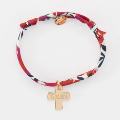 Bracelet enfant Liberty personnalisé médaille gravée plaqué or croix 15x13 mm