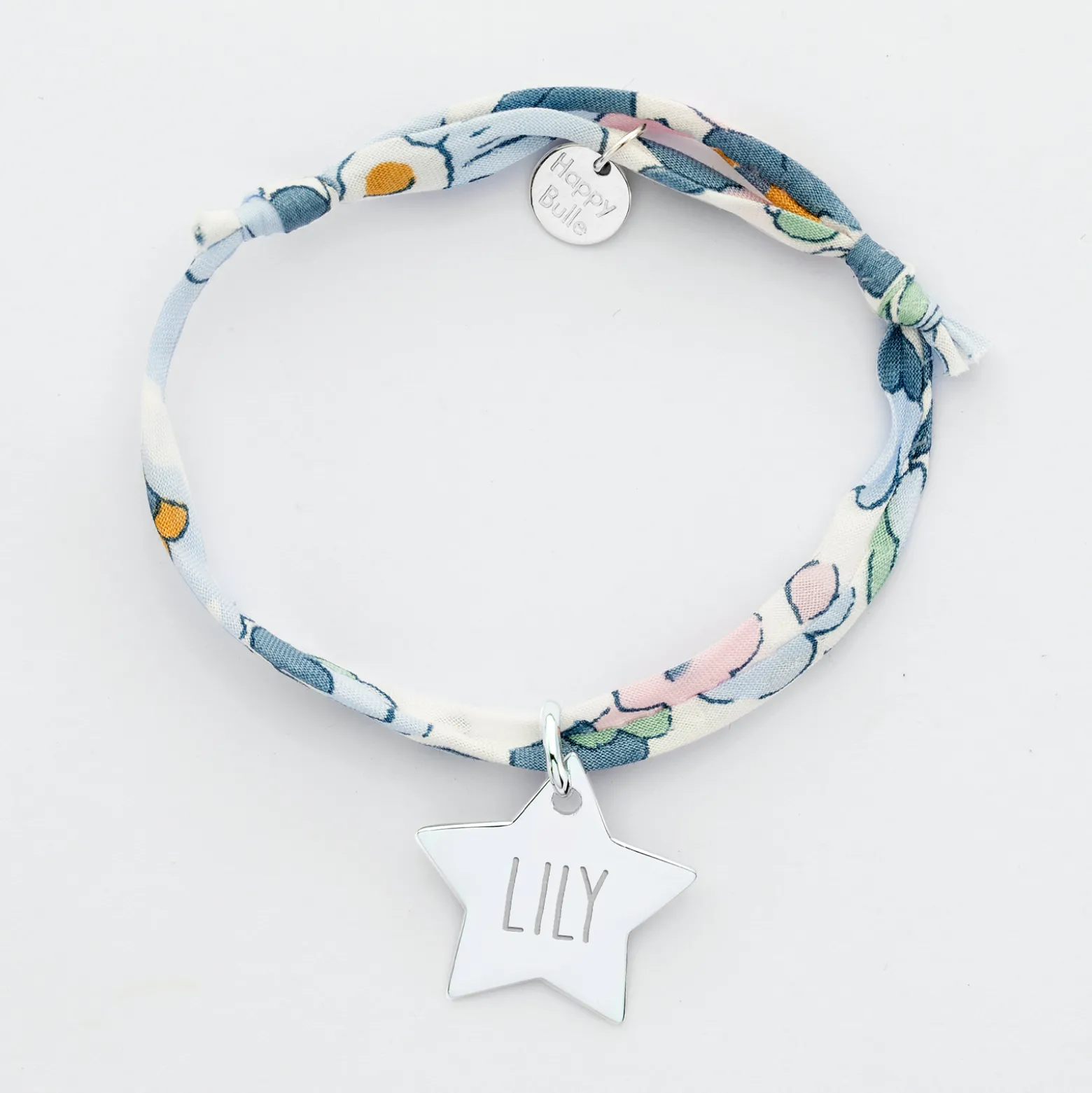 Bracelet enfant Liberty personnalisé prénom médaille gravée argent étoile 20x20 mm
