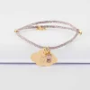 Bracelet enfant personnalisé cordon pailleté médaille gravée plaqué or nuage 20x14 mm et breloque rectangle zircon plaqué or 9 mm