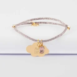 Bracelet enfant personnalisé cordon pailleté médaille gravée plaqué or nuage 20x14 mm et breloque rectangle zircon plaqué or 9 mm