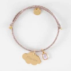 Bracelet enfant personnalisé cordon pailleté médaille gravée plaqué or nuage 20x14 mm et breloque rectangle zircon plaqué or 9 mm