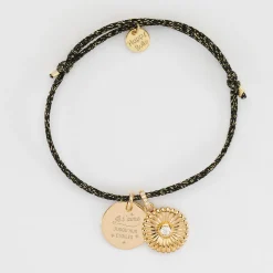 Bracelet enfant personnalisé cordon pailleté médaille gravée plaqué or 15 mm et breloque tournesol scintillant 14 mm