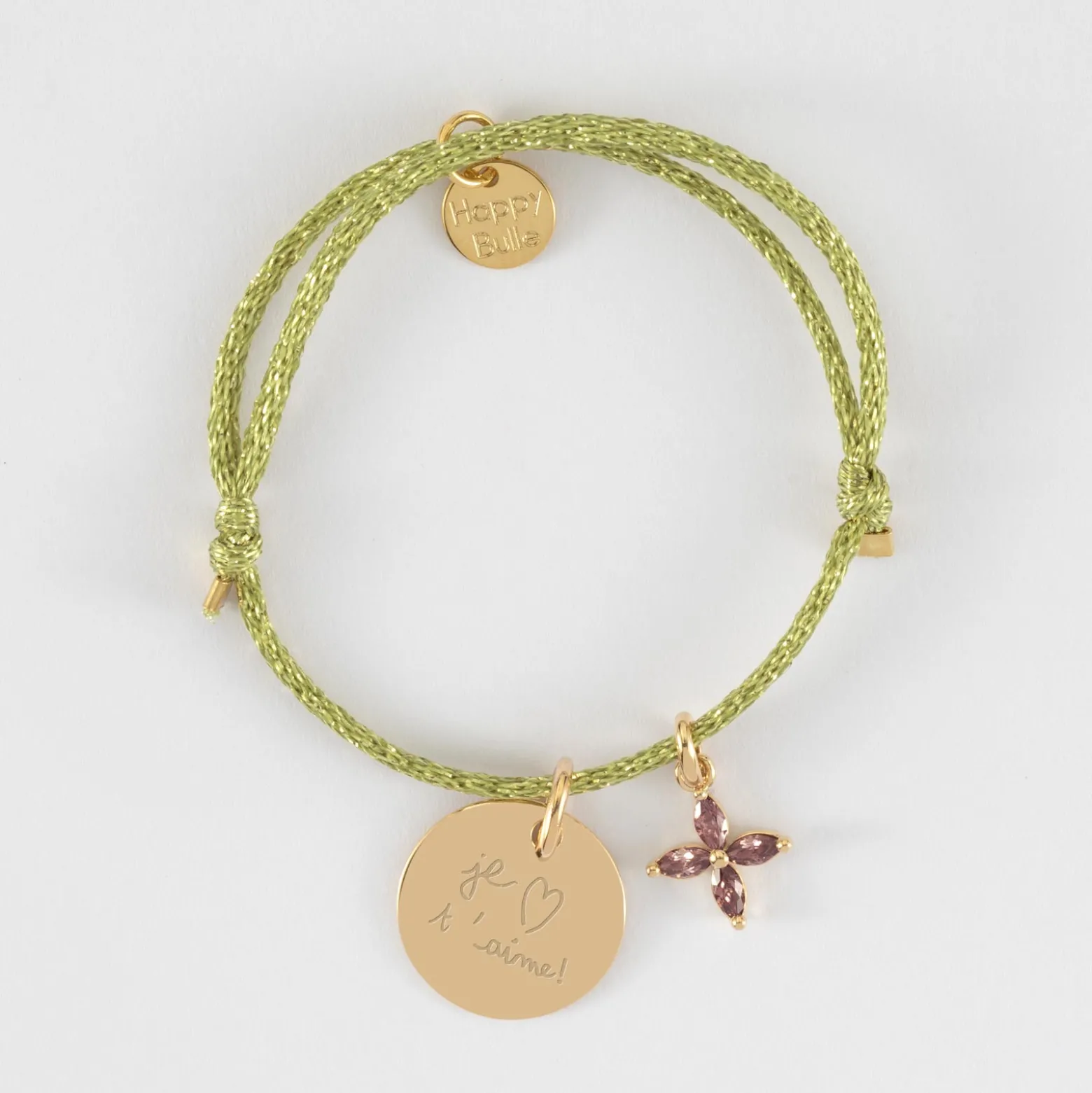 Bracelet enfant personnalisé cordon pailleté médaille gravée plaqué or 15 mm et breloque fleur pétales zircons 10 mm