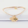 Bracelet enfant personnalisé cordon pailleté médaille gravée plaqué or nuage 20x14 mm et breloque fleur pétales zircons 10 mm