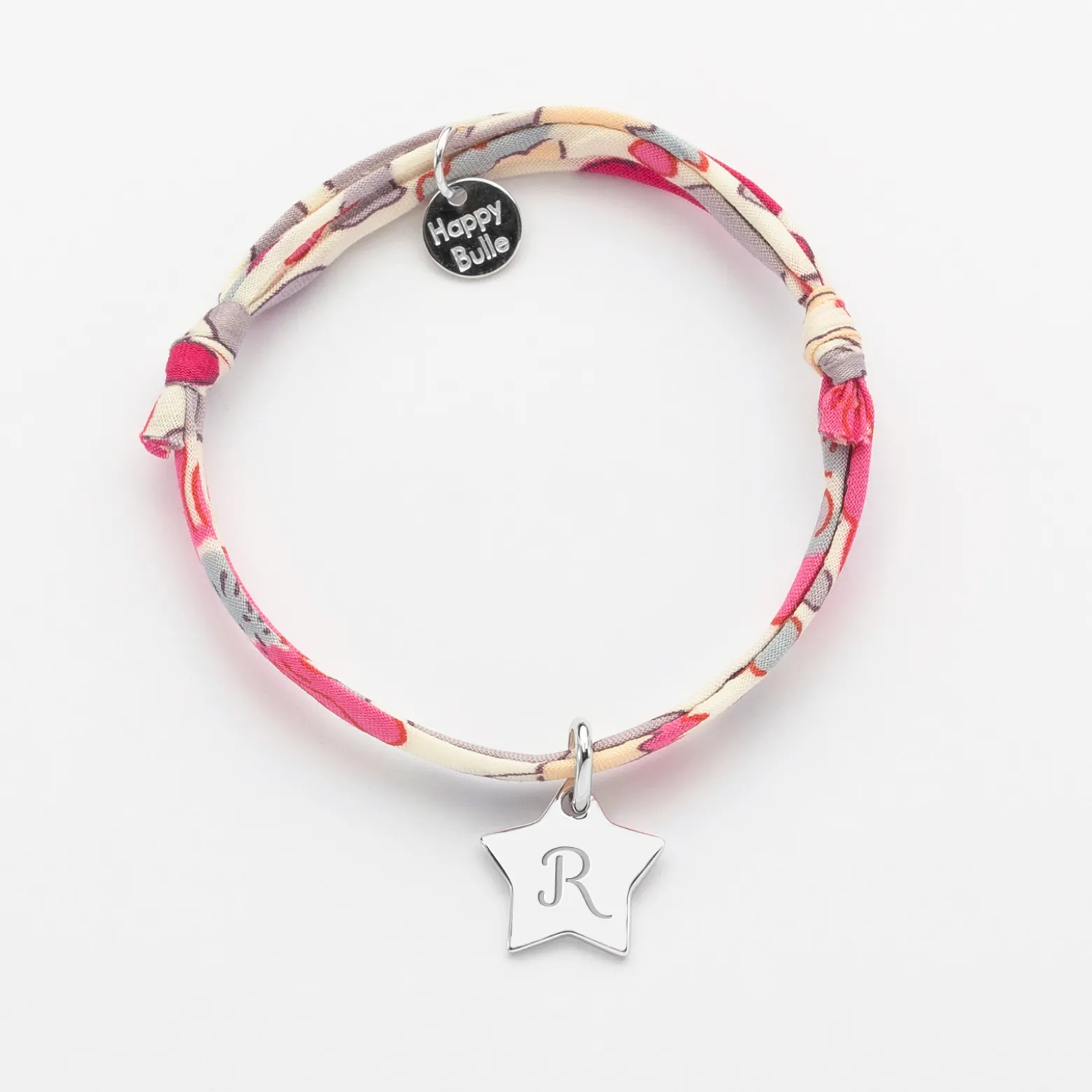 Bracelet enfant personnalisé Liberty médaille gravée initiale argent étoile 12 mm
