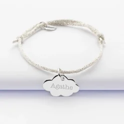 Bracelet enfant personnalisé cordon pailleté médaille gravée argent nuage 20x14 mm