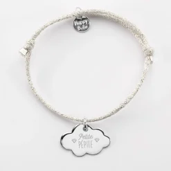 Bracelet enfant personnalisé cordon pailleté médaille gravée argent nuage 20x14 mm