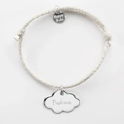 Bracelet enfant personnalisé cordon pailleté médaille gravée argent nuage 20x14 mm