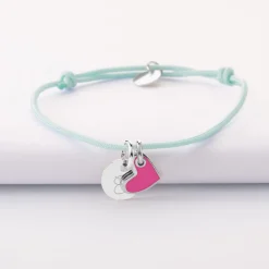 Bracelet enfant personnalisé médaille gravée argent 10 mm et breloque coeur email 10 mm