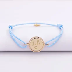 Bracelet enfant personnalisé cordon médaille réversible Eternelle gravée plaqué or 2 trous 16 mm