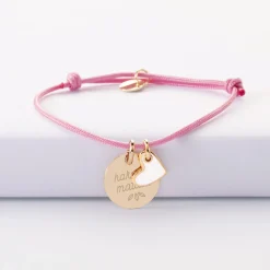 Bracelet enfant personnalisé médaille gravée plaqué or 15 mm et breloque coeur email 10 mm