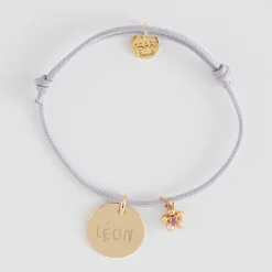 Bracelet enfant personnalisé médaille gravée plaqué or 15 mm et breloque fleur zircon plaqué or 8 mm