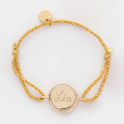 Bracelet enfant personnalisé cordon pailleté médaille réversible Eternelle gravée plaqué or 2 trous 16 mm