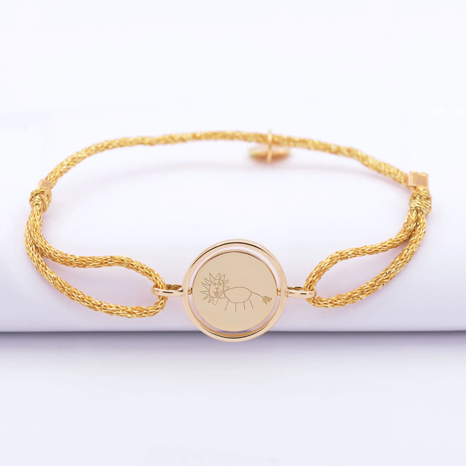 Bracelet enfant personnalisé cordon pailleté médaille réversible Eternelle gravée plaqué or 2 trous 16 mm