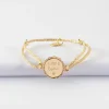 Bracelet enfant personnalisé cordon pailleté médaille contour fleur gravée plaqué or 2 trous 15 mm
